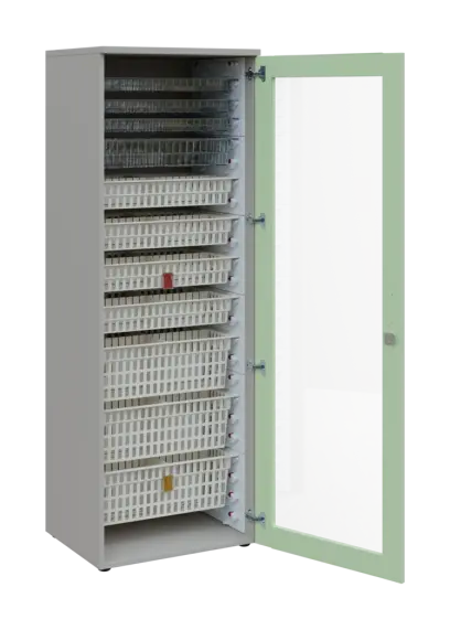 EUROMEDICA S - 66 skříň léková boxová, 1-dveřová/prosklená, pravá, 1950x660x535, korpus šedý, dvířka šedo-zelinkavá